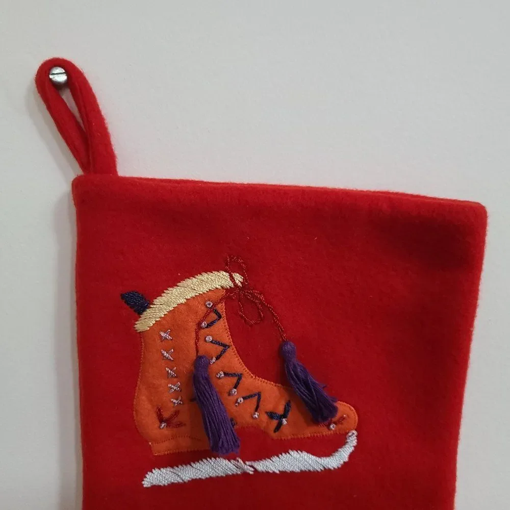 Red Felt Christmas Stocking With Embroidered and Appliqued Ice Skates and Tassel